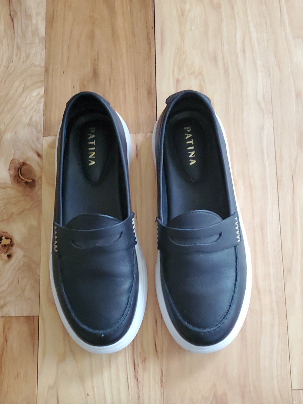 Patina Black Leather Slip-On Loafers with White Sole 7.5 Excellent Condition